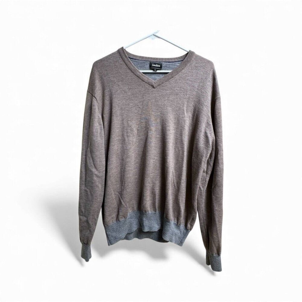 Neiman Marcus Men’s Sweater Large V-Neck Merino Wool Blend Taupe Gray